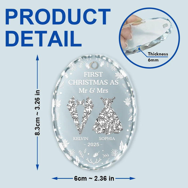 Love, Christmas, Gift For Wife, Gift For Husband, Gift For Couples, Married, Engaged, Wedding - First Christmas As Mr & Mrs - Personalized Oval Glass Ornament