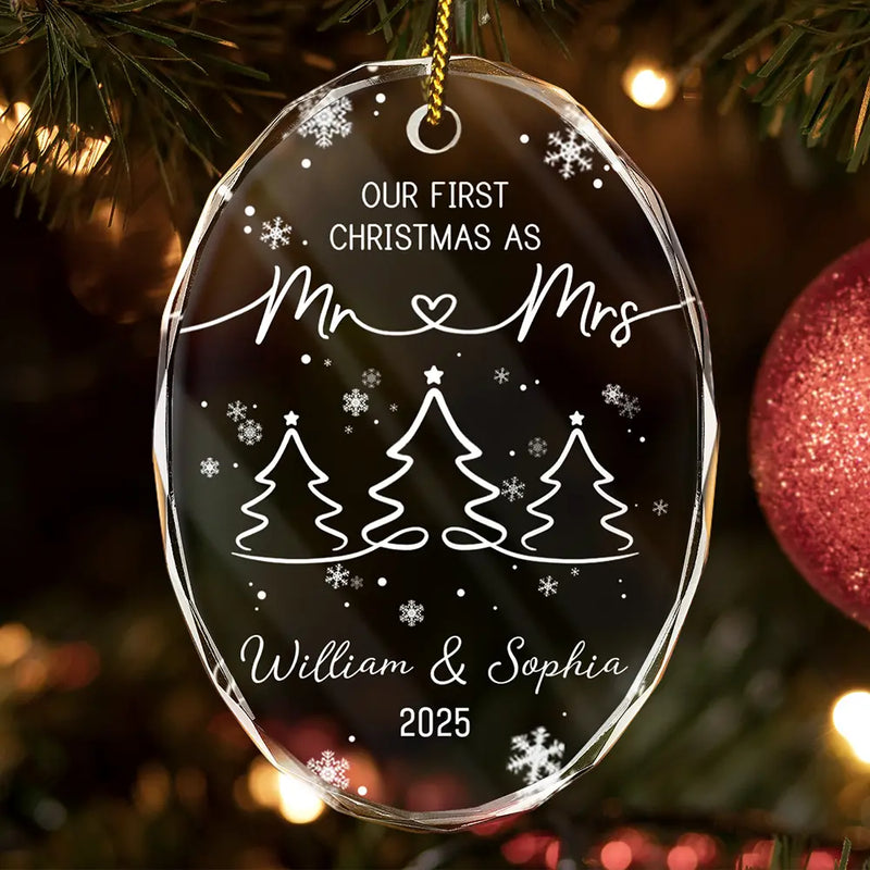 Love,Christmas,Gift For Wife,Gift For Husband,Gift For Couples,Married ,Engaged,Wedding - First Christmas As Mr & Mrs Pine Tree - Personalized Oval Glass Ornament