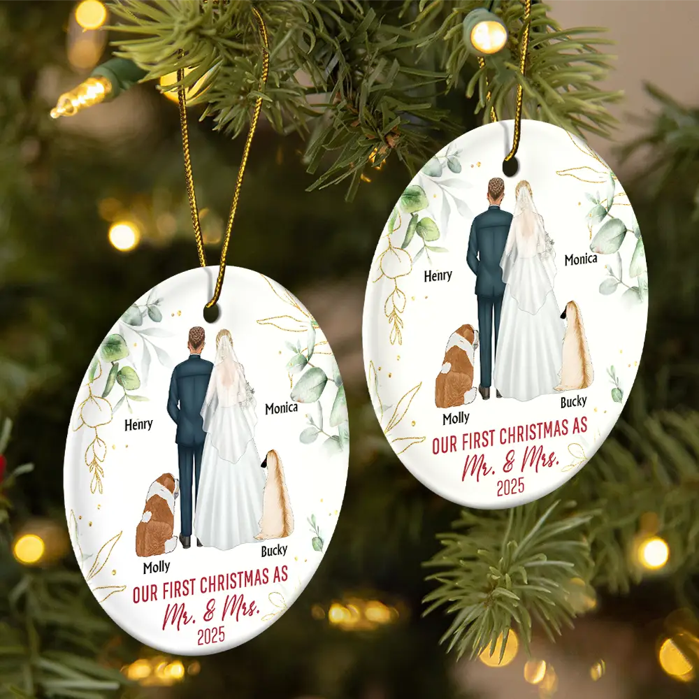 Love, Christmas, Gift For Wife, Gift For Husband, Gift For Couples, Wedding, Wedding Anniversary, Married , Pet Couple - Our First Christmas As Mr & Mrs Wedding Couple Pet - Personalized Circle Ceramic Ornament