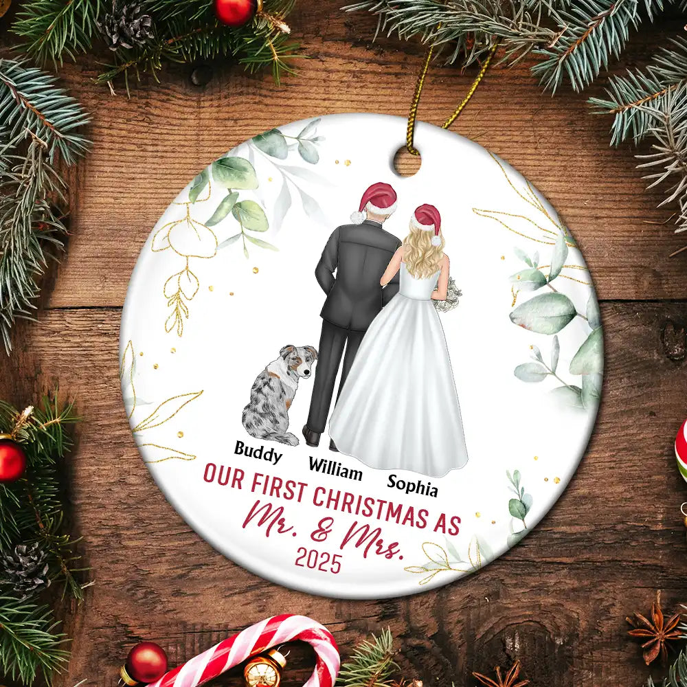 Love, Christmas, Gift For Wife, Gift For Husband, Gift For Couples, Wedding, Wedding Anniversary, Married , Pet Couple - Our First Christmas As Mr & Mrs Wedding Couple Pet - Personalized Circle Ceramic Ornament