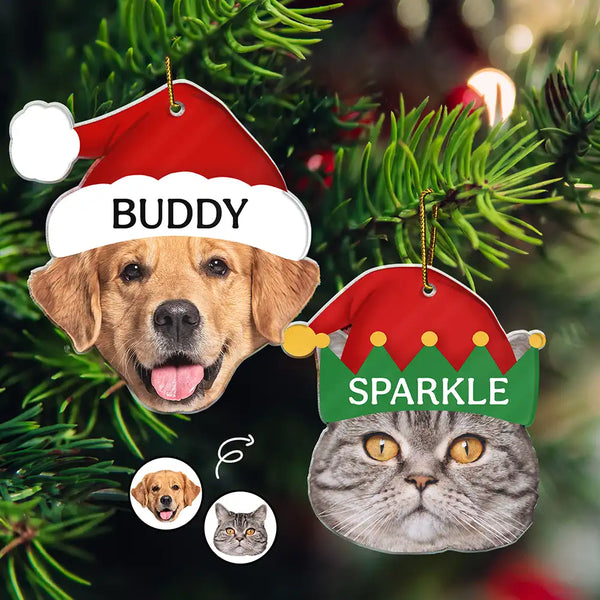 Happy,Cat Lovers,Pet Lovers,Dog Lovers - Custom Photo Santa Hat Dog Cat Pet Face - Personalized Custom Shaped Acrylic Ornament