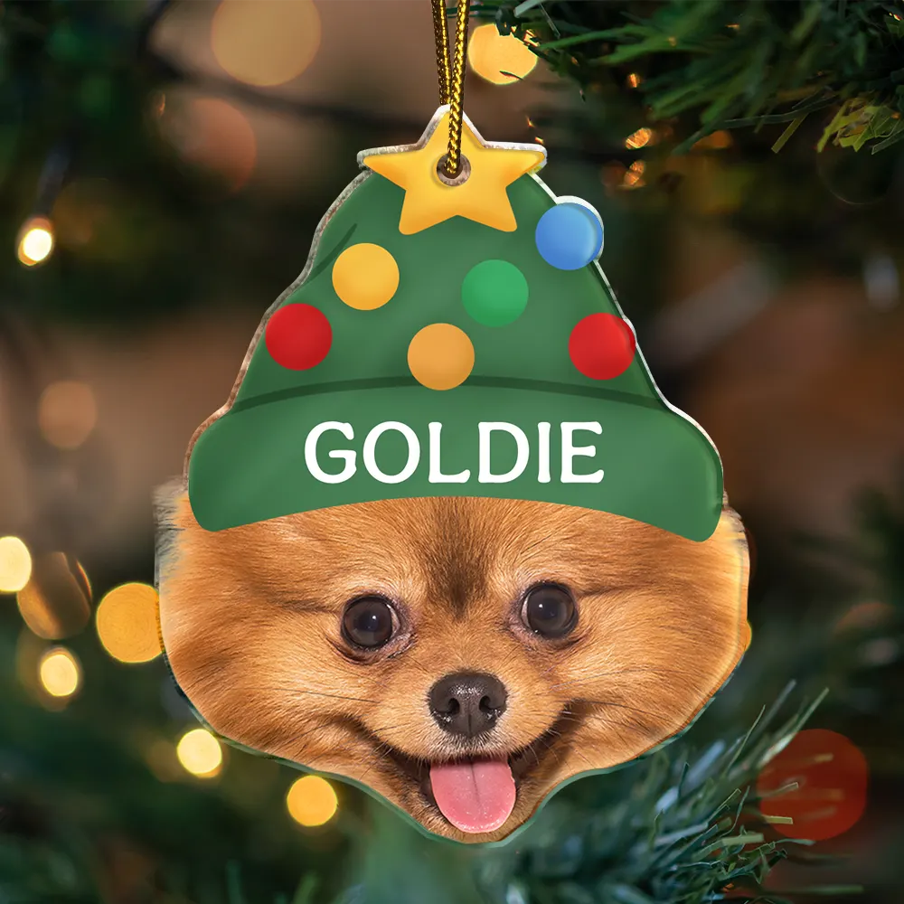 Happy,Cat Lovers,Pet Lovers,Dog Lovers - Custom Photo Santa Hat Dog Cat Pet Face - Personalized Custom Shaped Acrylic Ornament