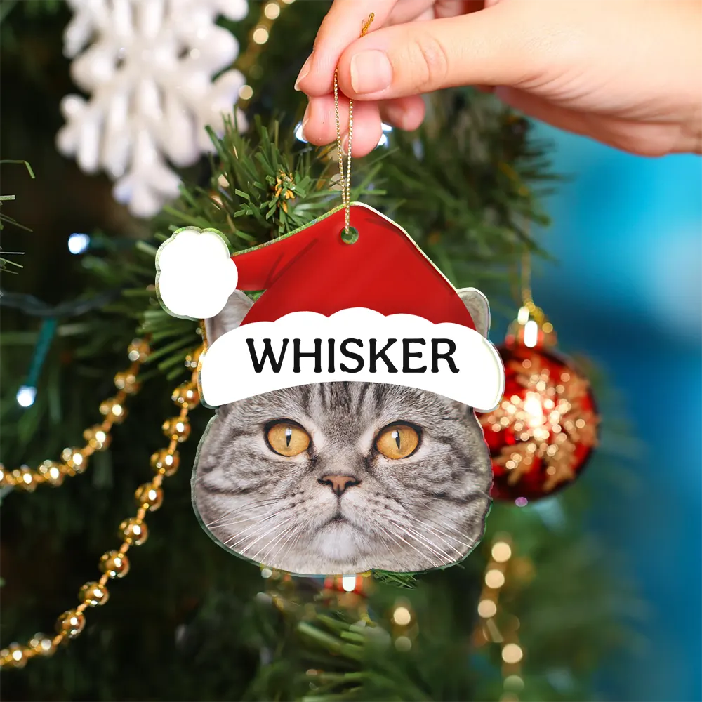 Happy,Cat Lovers,Pet Lovers,Dog Lovers - Custom Photo Santa Hat Dog Cat Pet Face - Personalized Custom Shaped Acrylic Ornament