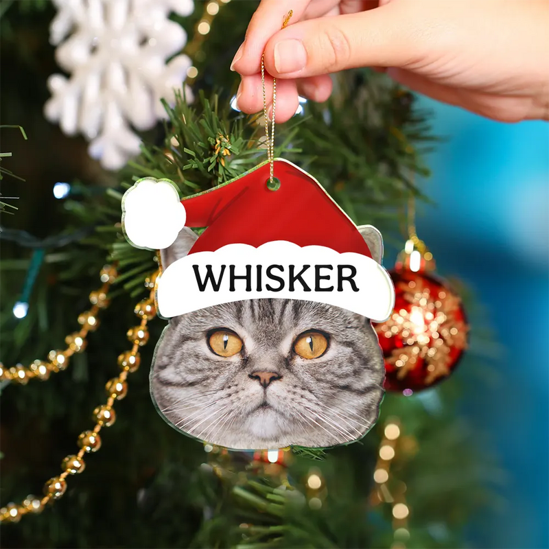 Happy,Cat Lovers,Pet Lovers,Dog Lovers - Custom Photo Santa Hat Dog Cat Pet Face - Personalized Custom Shaped Acrylic Ornament