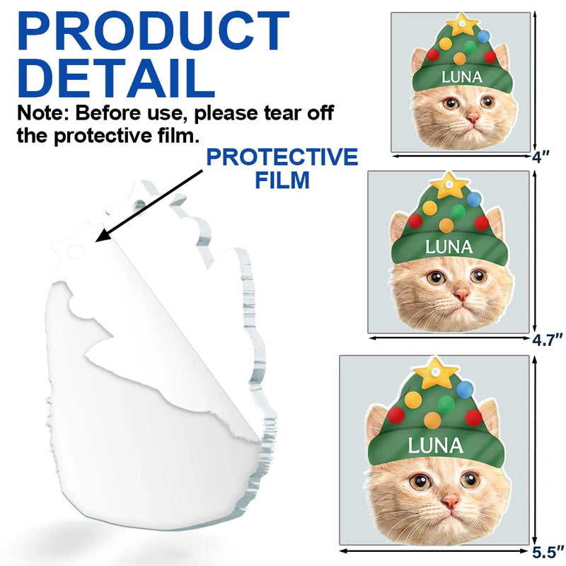 Happy,Cat Lovers,Pet Lovers,Dog Lovers - Custom Photo Santa Hat Dog Cat Pet Face - Personalized Custom Shaped Acrylic Ornament