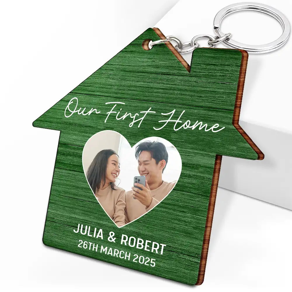 Married ,Happy,Gift For Couples,Gift For Wife,Gift For Husband - Custom Photo Our First Home Married Couple - Personalized Wooden Keychain