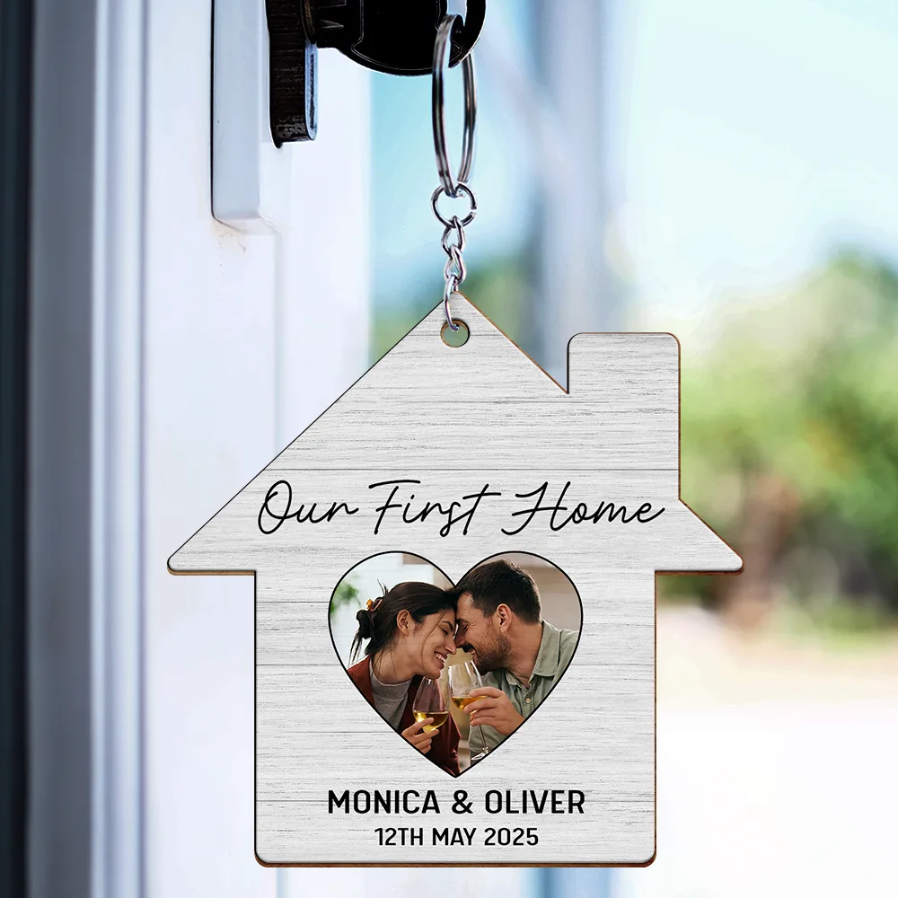 Married ,Happy,Gift For Couples,Gift For Wife,Gift For Husband - Custom Photo Our First Home Married Couple - Personalized Wooden Keychain