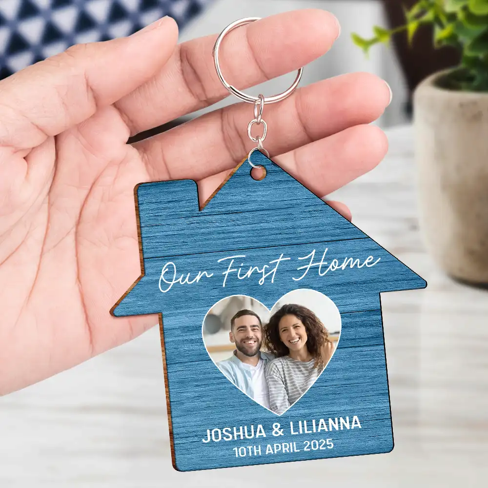 Married ,Happy,Gift For Couples,Gift For Wife,Gift For Husband - Custom Photo Our First Home Married Couple - Personalized Wooden Keychain