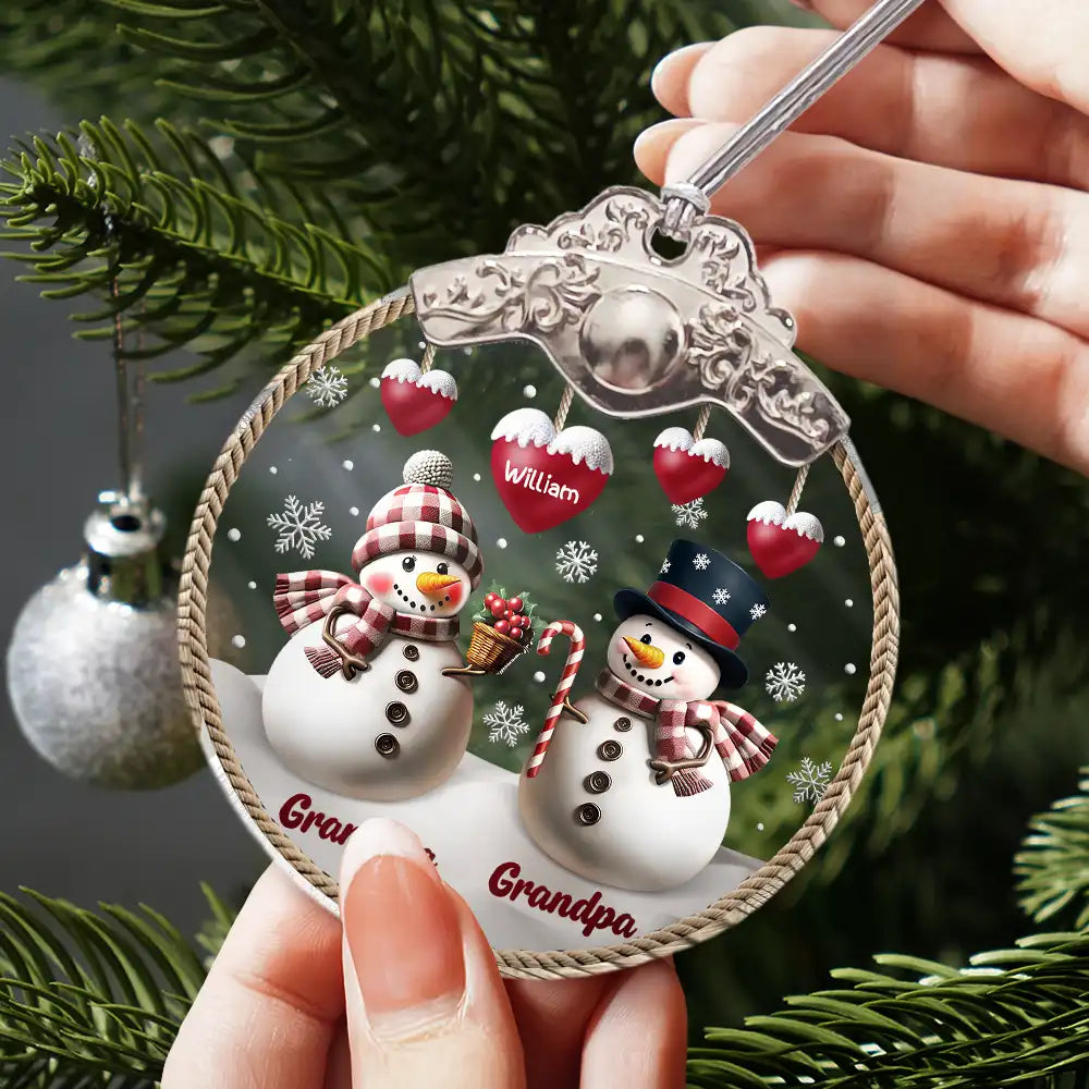 Happy, Christmas, Parents, Gift For Grandparents, Gift For Grandma, Gift For Grandpa - Snowman Grandma Grandpa Grandkids - Personalized Glass Ornament With Silver Cap