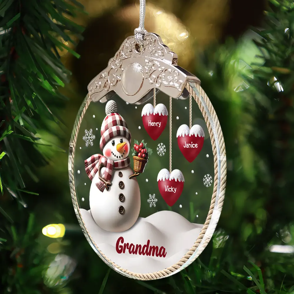 Happy, Christmas, Parents, Gift For Grandparents, Gift For Grandma, Gift For Grandpa - Snowman Grandma Grandpa Grandkids - Personalized Glass Ornament With Silver Cap