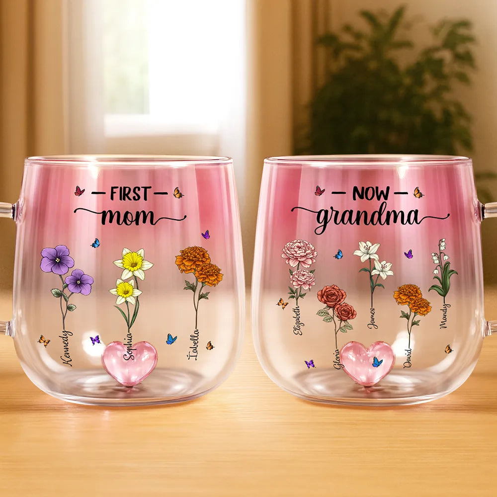 First Mom Now Grandma Birth Flowers - Personalized Gradient Glass Mug