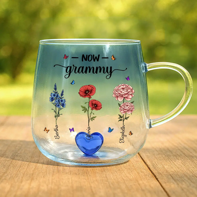 Love,Gift For Wife,Gift For Mother,Gift For Grandma,Gift For Sisters - First Mom Now Grandma Birth Flowers - Personalized Gradient Glass Mug