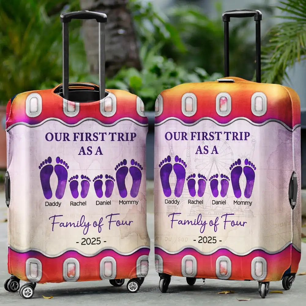 Family,Gift For Couples,Happy - Travel Our First Trip As A Family Of Four Footprints - Personalized Luggage Cover