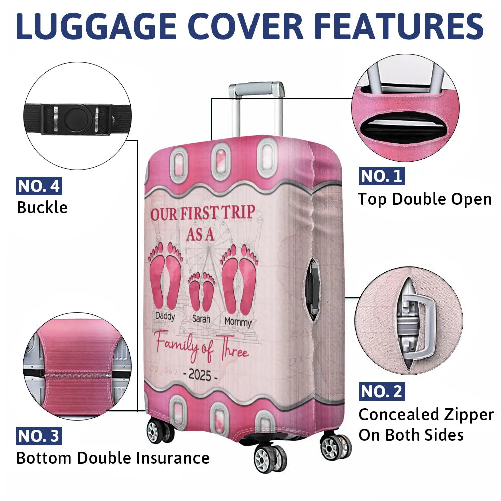Family,Gift For Couples,Happy - Travel Our First Trip As A Family Of Four Footprints - Personalized Luggage Cover