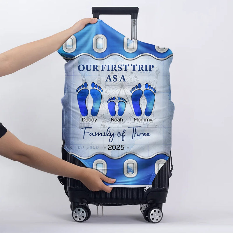 Family,Gift For Couples,Happy - Travel Our First Trip As A Family Of Four Footprints - Personalized Luggage Cover