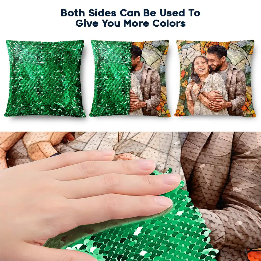 Gift For Couples,Happy,Family,Pet Lovers,Gift For Bestie,Gift For Grandparents,Parents,Gift For Grandma,Gift For Mother - Custom Photo Glass Portrait Mom Grandma Parents Family - Personalized Sequin Pillow, Mermaid Sequin Cushion Magic Reversible Throw Pillow