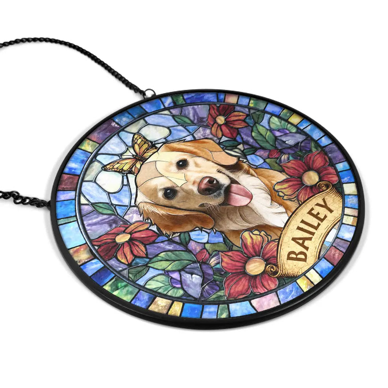 Happy,Dog Lovers,Pet Lovers,Cat Lovers - Custom Photo Stained Glass Portrait Dog Cat Family - Personalized Stained Glass Window Hanging Suncatcher