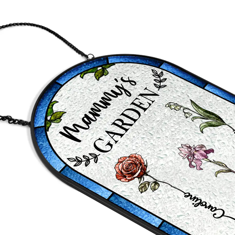 Gift For Wife,Gift For Mother,Gift For Grandma,Happy - Birth Flower Grandma's Garden - Personalized Rounded Rectangle Stained Glass Suncatcher