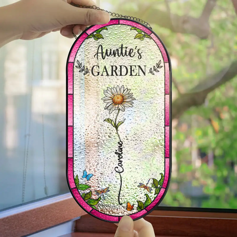 Gift For Wife,Gift For Mother,Gift For Grandma,Happy - Birth Flower Grandma's Garden - Personalized Rounded Rectangle Stained Glass Suncatcher