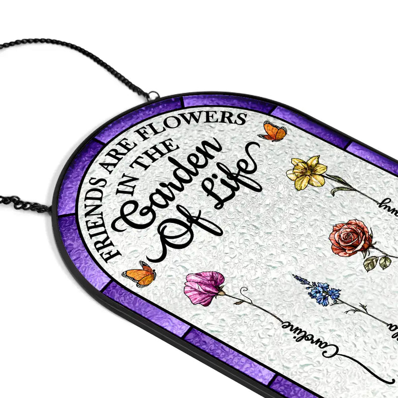 Happy,Gift For Bestie,Old Best friends,Gift For Sisters - Birth Flower Grow An Old Friend - Personalized Rounded Rectangle Stained Glass Suncatcher