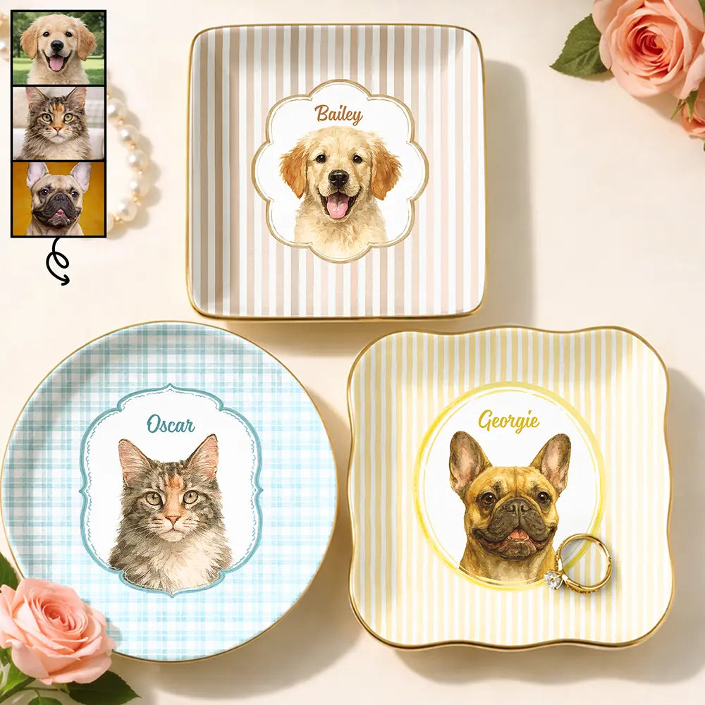 Custom Photo Realistic Watercolor Art Watercolor Dog Cat Pet Portrait Vintage - Personalized Ring Dish
