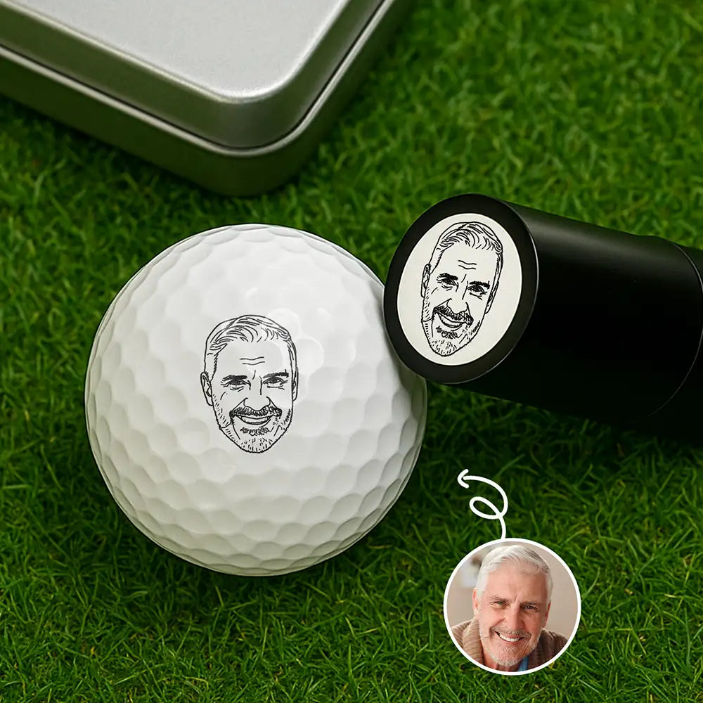 Custom Photo Outline Sketch Golfer Face - Personalized Golf Ball Stamp With Metal Storage Box