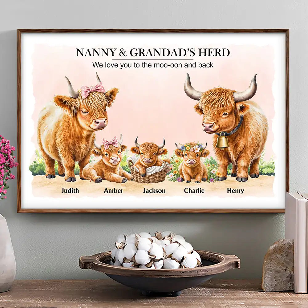 Grandma Grandpa I Love You To The Moo-oon And Back Highland Cow - Personalized Poster
