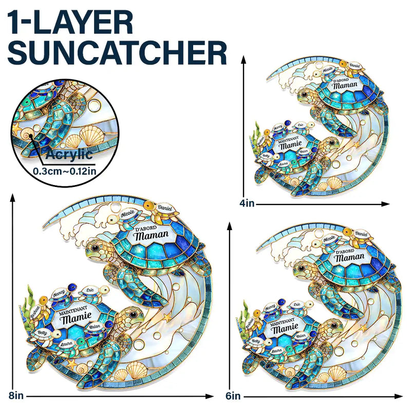 Gift For Wife,Gift For Yourself,Gift For Women,Parents,Gift For Mother,Gift For Grandma,Gift For Grandparents,French,Non-Eng,Icon,Grateful - Tortue De Mer D’abord Maman Maintenant Mamie - Attrape-Soleil À Suspendre Personnalisé