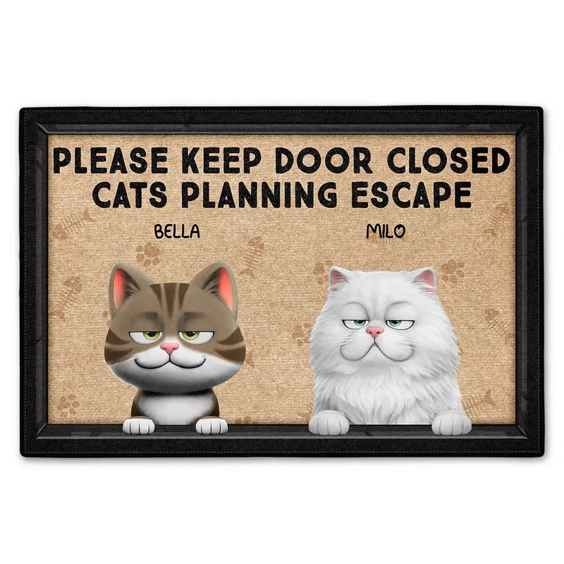 Pet Lovers,Funny,Vector - Please Keep Door Closed Cats Planning Escape Go Toward Cartoon 3D Effect Pet - Personalized Doormat