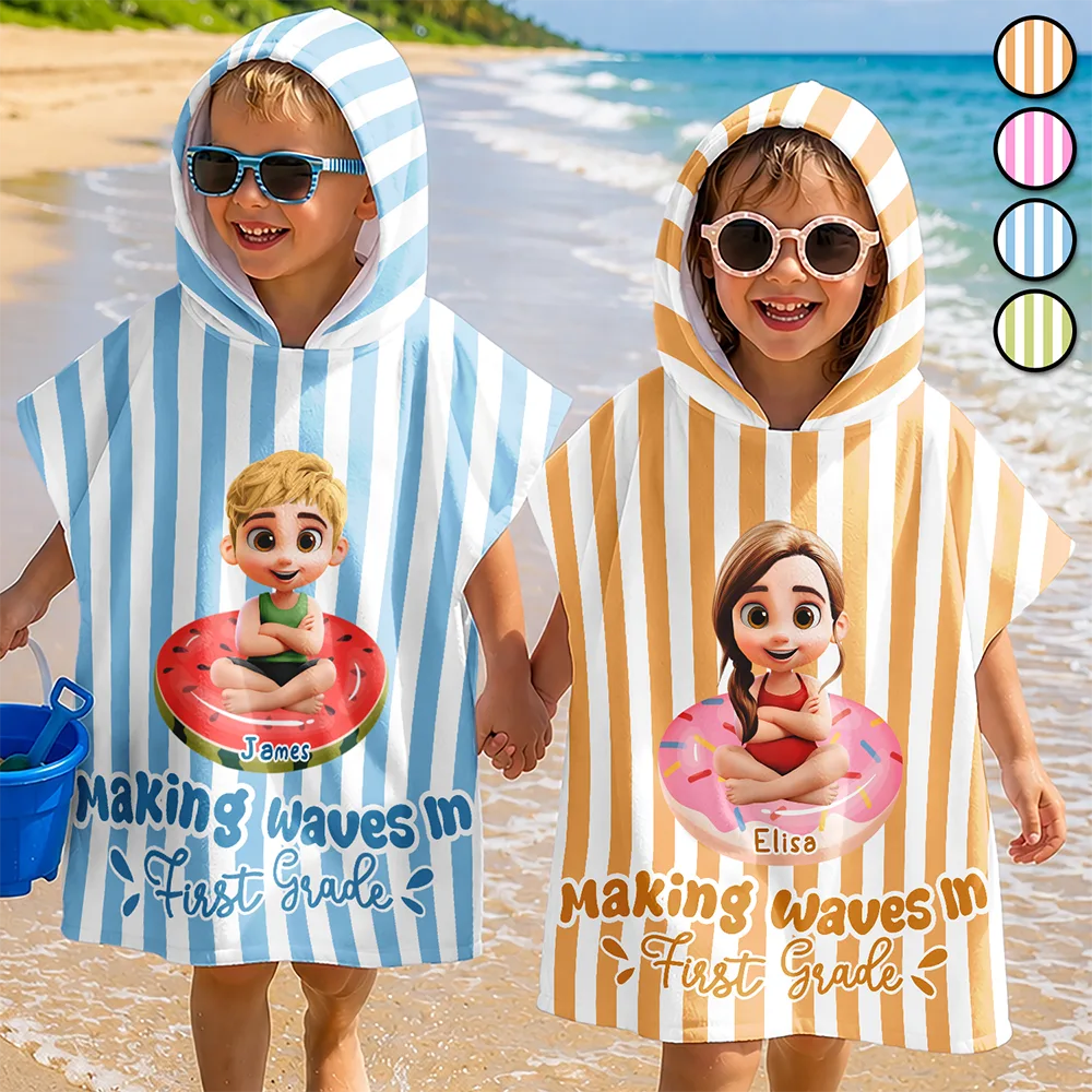 Making Waves In First Grade Summer Trip - Personalized Kids Hooded Poncho Towel