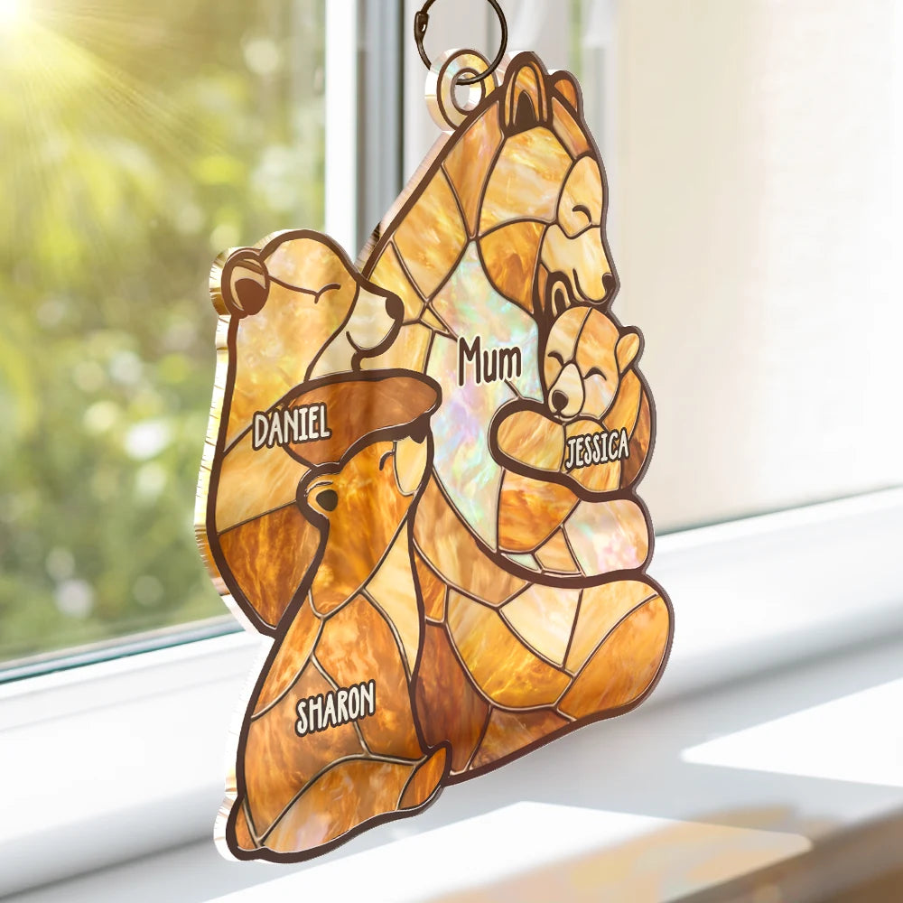 Gift For Grandma,Grandma - Grandkids,Happy,Gift For Mother - Mama Bear Stained Glass Effect - Personalized Window Hanging Suncatcher Ornament