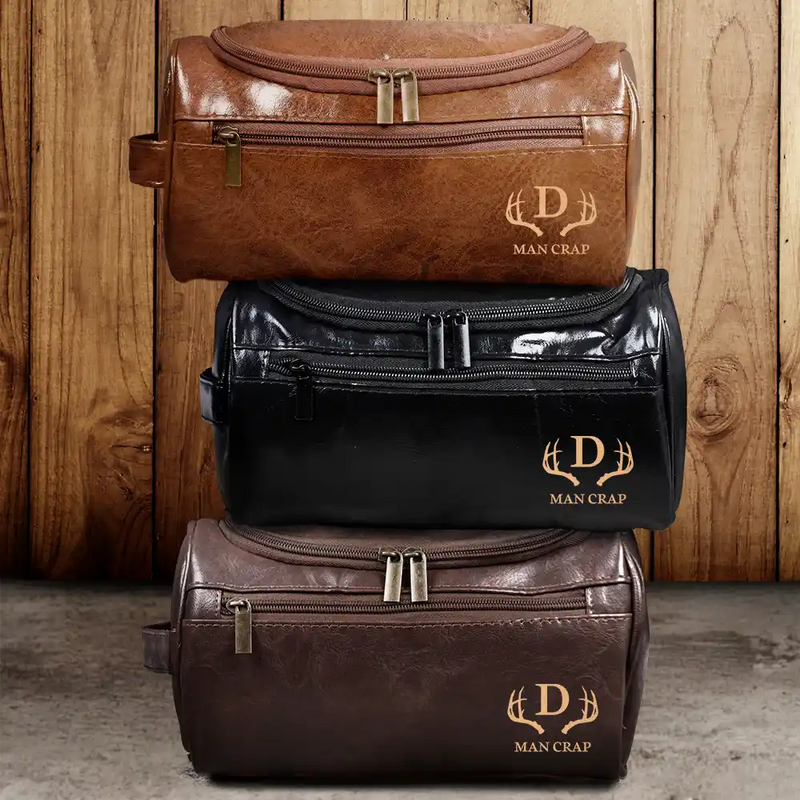 Gift For Husband, Gift For Boyfriend, Gift For Men, Happy - Man Crap Man Stuff Monogram - Personalized Leather Toiletry Bag