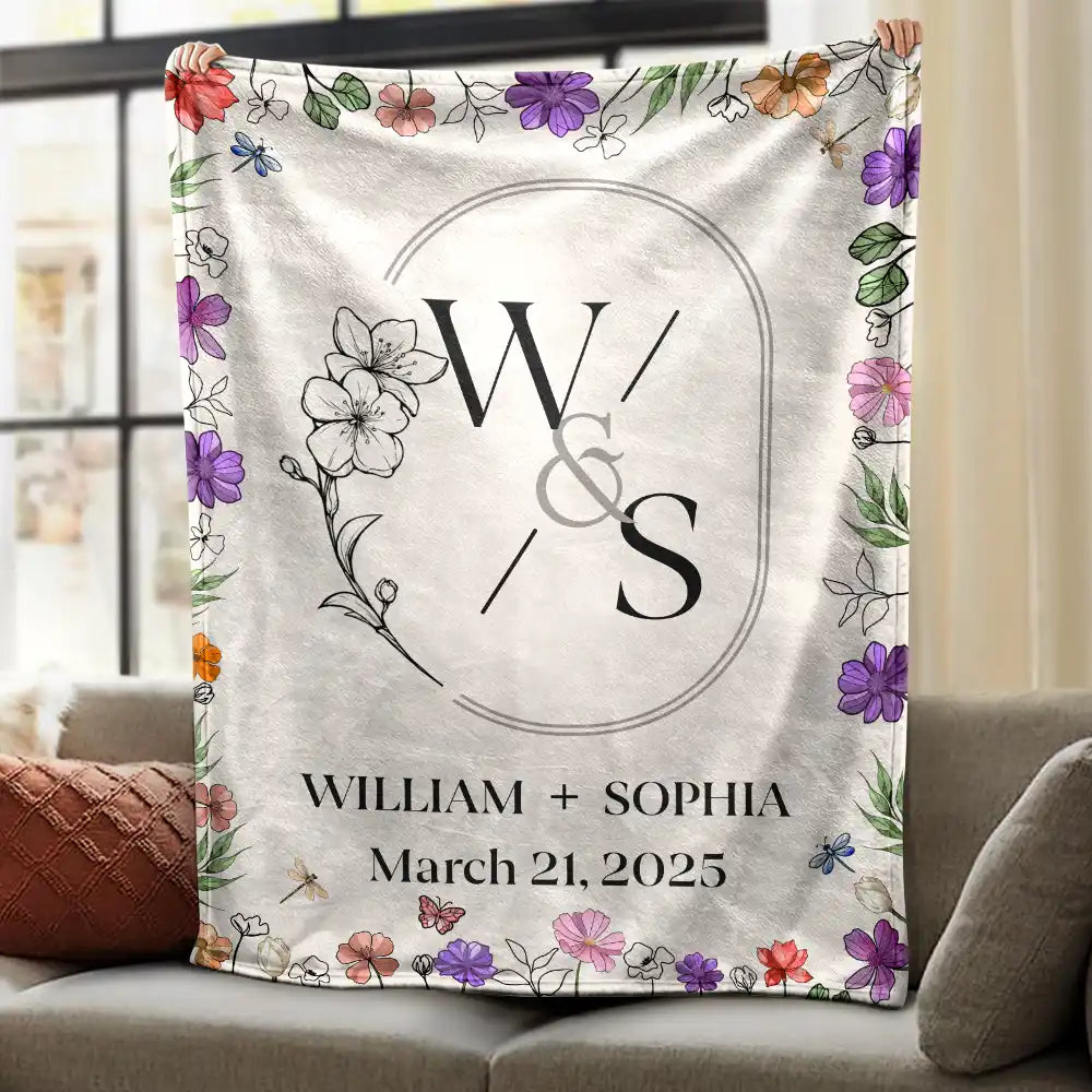 Married Couple Birth Flower Letter - Personalized Fleece Blanket, Sherpa Blanket