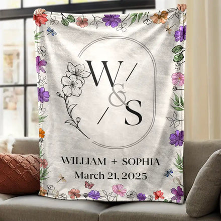 Married Couple Birth Flower Letter - Personalized Fleece Blanket, Sherpa Blanket