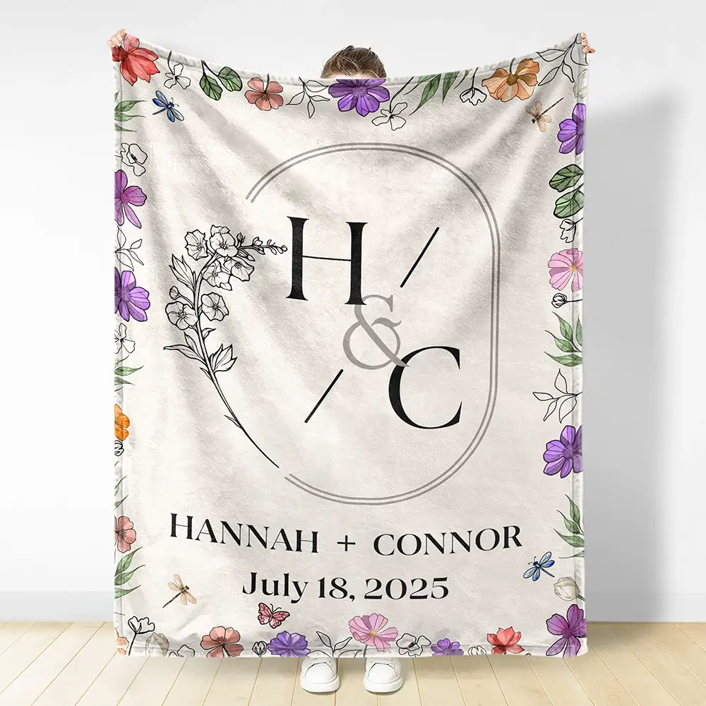 Gift For Couples, Wedding Anniversary, Married, Love - Married Couple Birth Flower Letter - Personalized Fleece Blanket, Sherpa Blanket