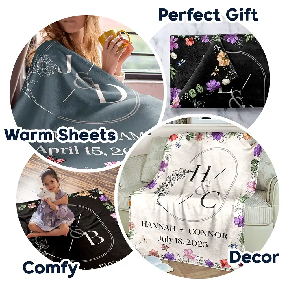 Gift For Couples, Wedding Anniversary, Married, Love - Married Couple Birth Flower Letter - Personalized Fleece Blanket, Sherpa Blanket