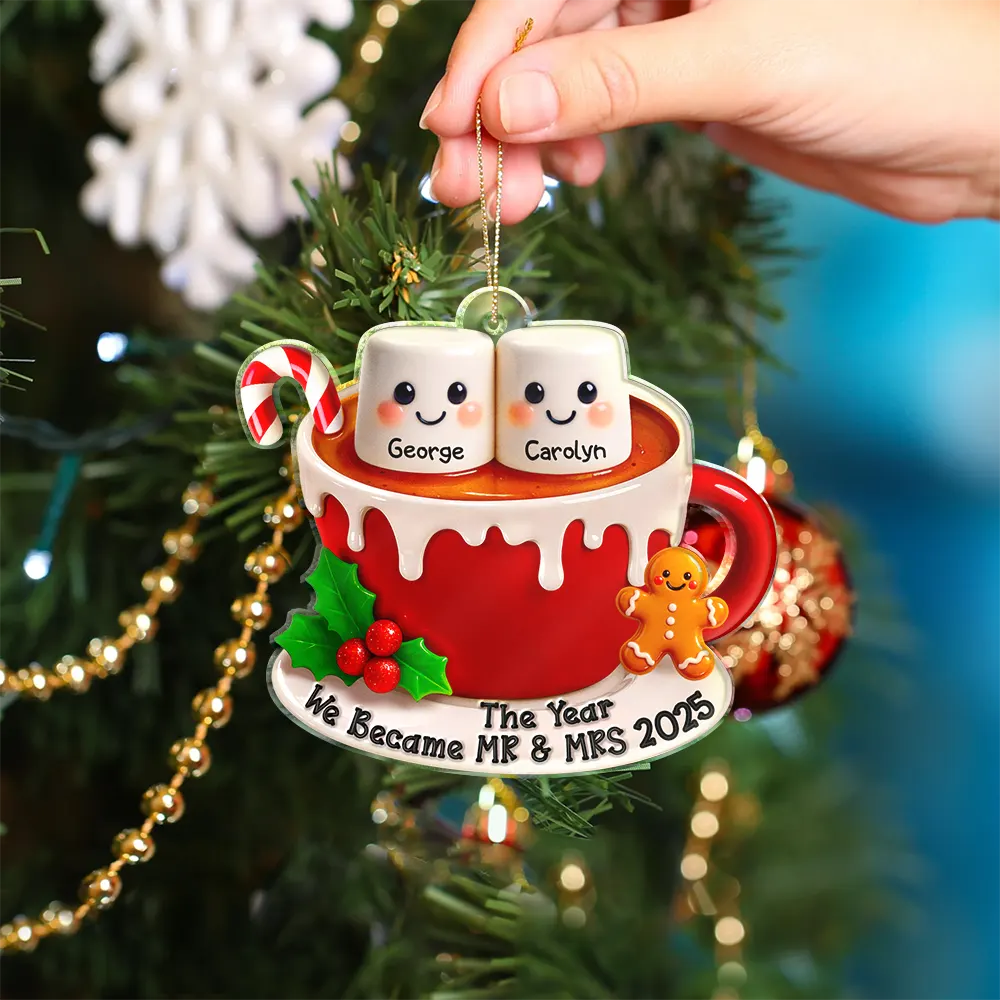 Christmas, Gift For Couples, Engaged, Wedding, Married , Love - Marshmallow Christmas Hot Cocoa Couple New Married Family - Personalized Custom Shaped Acrylic Ornament