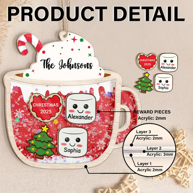 Happy,Christmas,Gift For Couples,Married ,Gift For Grandparents,Parents,Family - Marshmallows Family Dog Cat - Personalized 3-Layered Acrylic Shaker Ornament