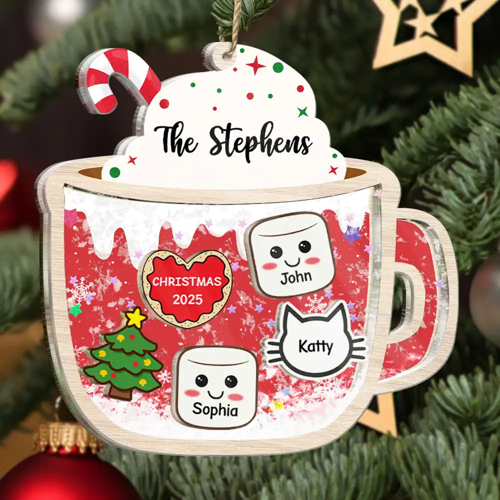 Happy,Christmas,Gift For Couples,Married ,Gift For Grandparents,Parents,Family - Marshmallows Family Dog Cat - Personalized 3-Layered Acrylic Shaker Ornament
