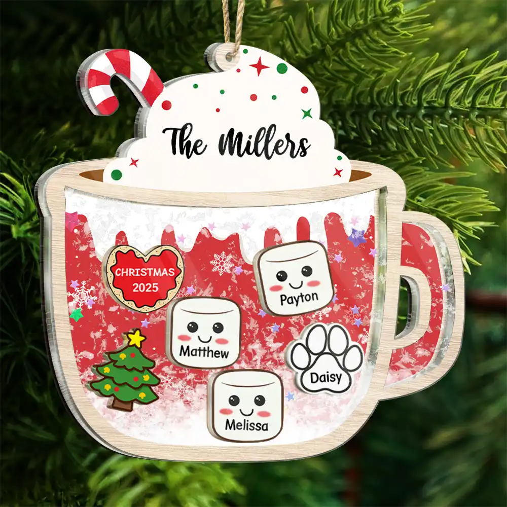 Happy,Christmas,Gift For Couples,Married ,Gift For Grandparents,Parents,Family - Marshmallows Family Dog Cat - Personalized 3-Layered Acrylic Shaker Ornament