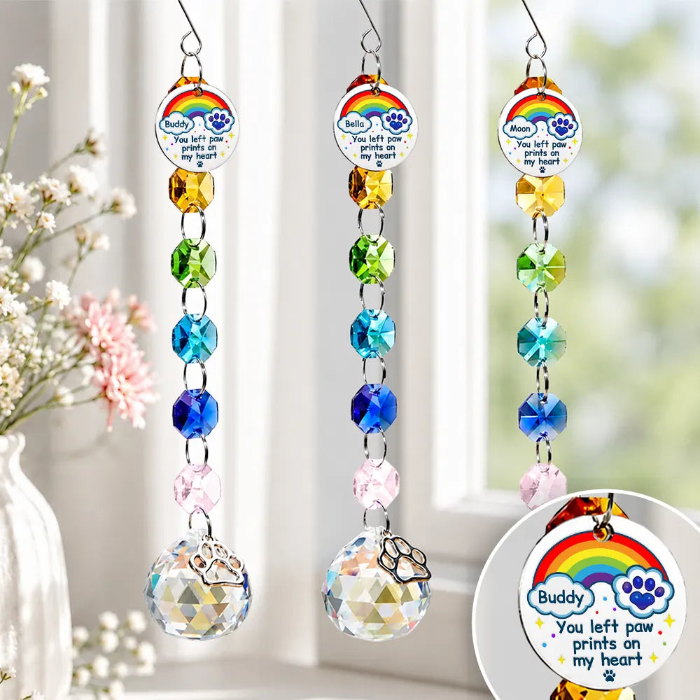 Memorial Dog Cat Pet You Left Paw Prints On My Heart - Personalized Crystal Suncatcher With Charm