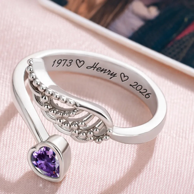 Memorial, Sad, Family - Memorial Family Mom Dad With Name & Year - Personalized Wing And Heart Birthstone Ring