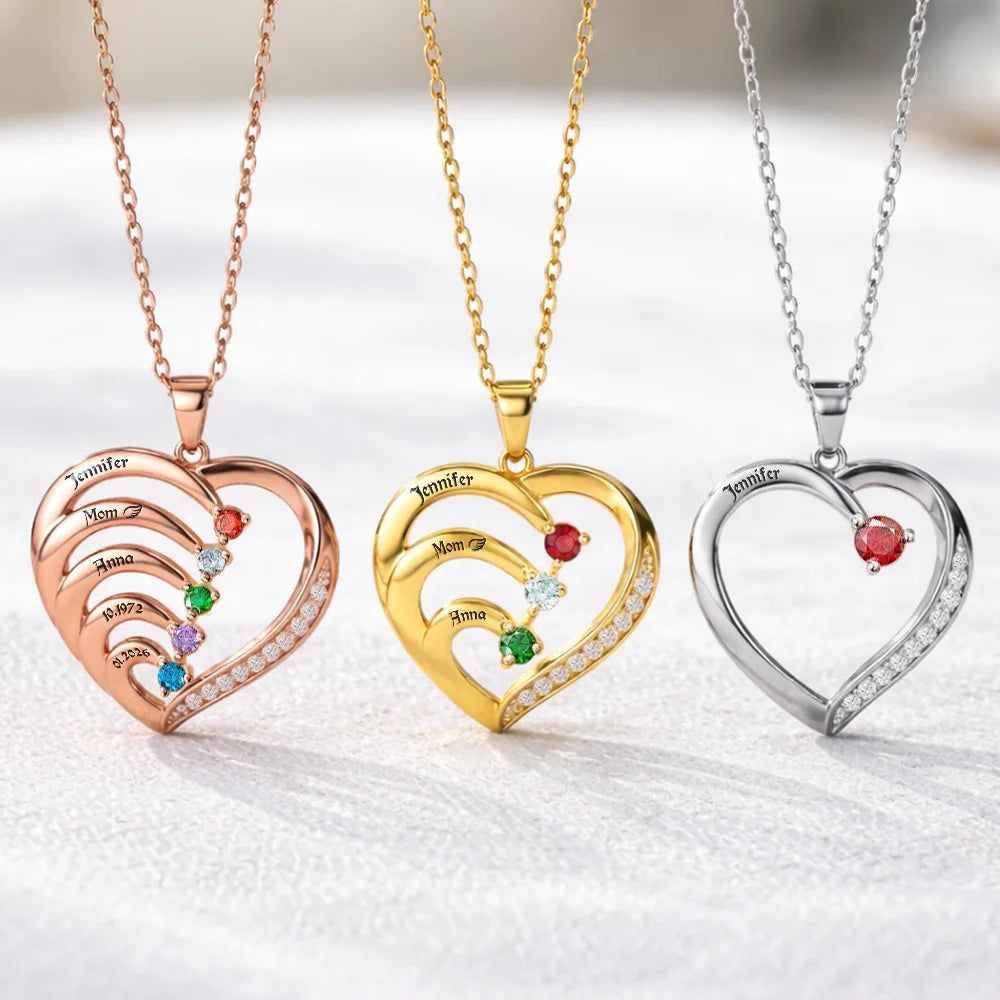Gift For Women,Gift For Grandma,Gift For Yourself,Gift For Mother,Sad,Memorial - Memorial Mom Dad With Kids Name Gemstones - Personalized Birthstone Heart Necklace