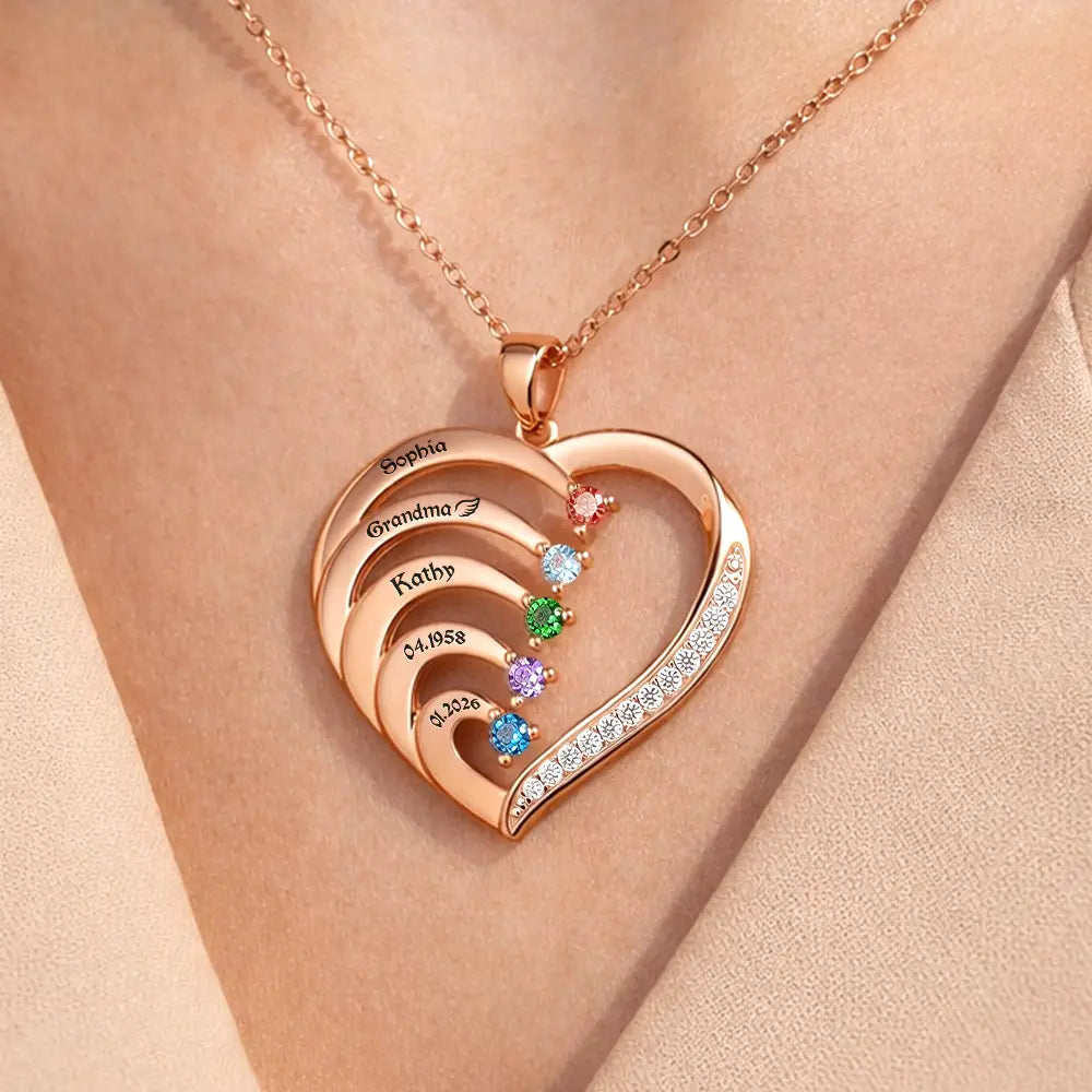 Gift For Women,Gift For Grandma,Gift For Yourself,Gift For Mother,Sad,Memorial - Memorial Mom Dad With Kids Name Gemstones - Personalized Birthstone Heart Necklace
