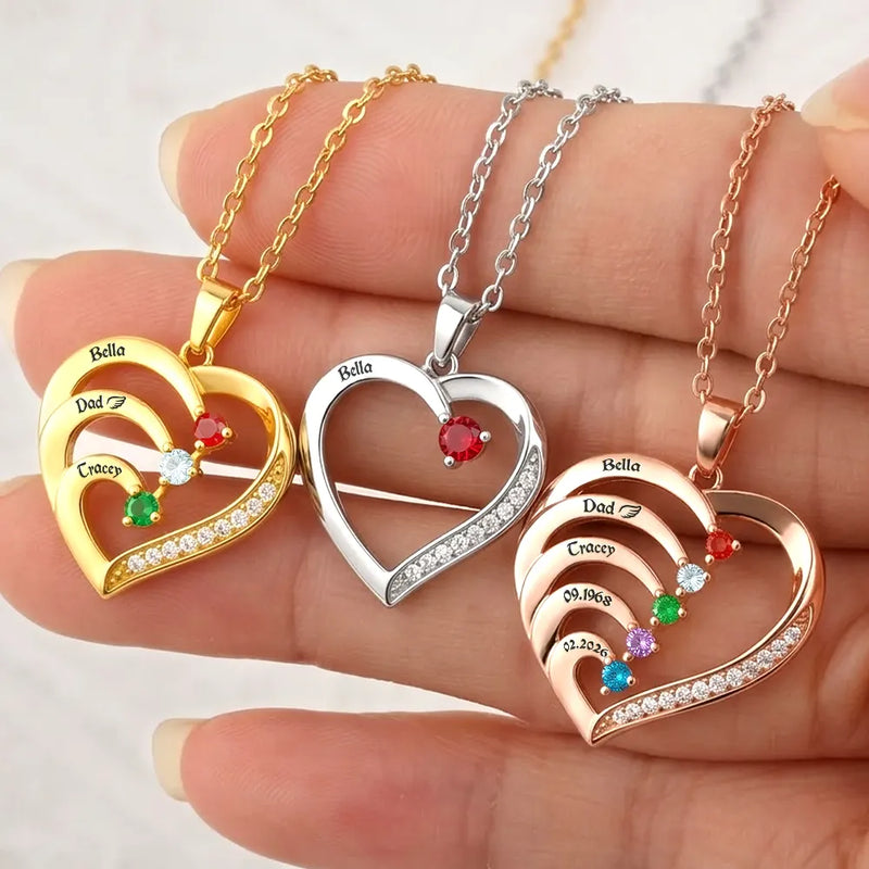 Gift For Women,Gift For Grandma,Gift For Yourself,Gift For Mother,Sad,Memorial - Memorial Mom Dad With Kids Name Gemstones - Personalized Birthstone Heart Necklace