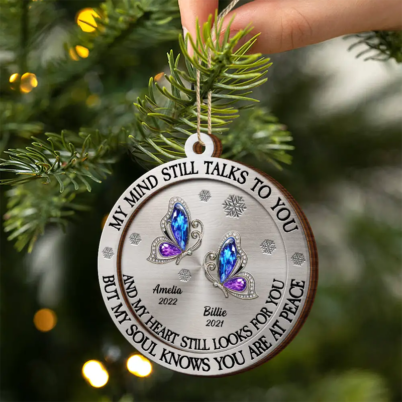 Memorial, Christmas, Family, Parents, Gift For Grandparents, Sad - Memorial My Mind Still Talks To You - Personalized 2-Layered Wooden Ornament