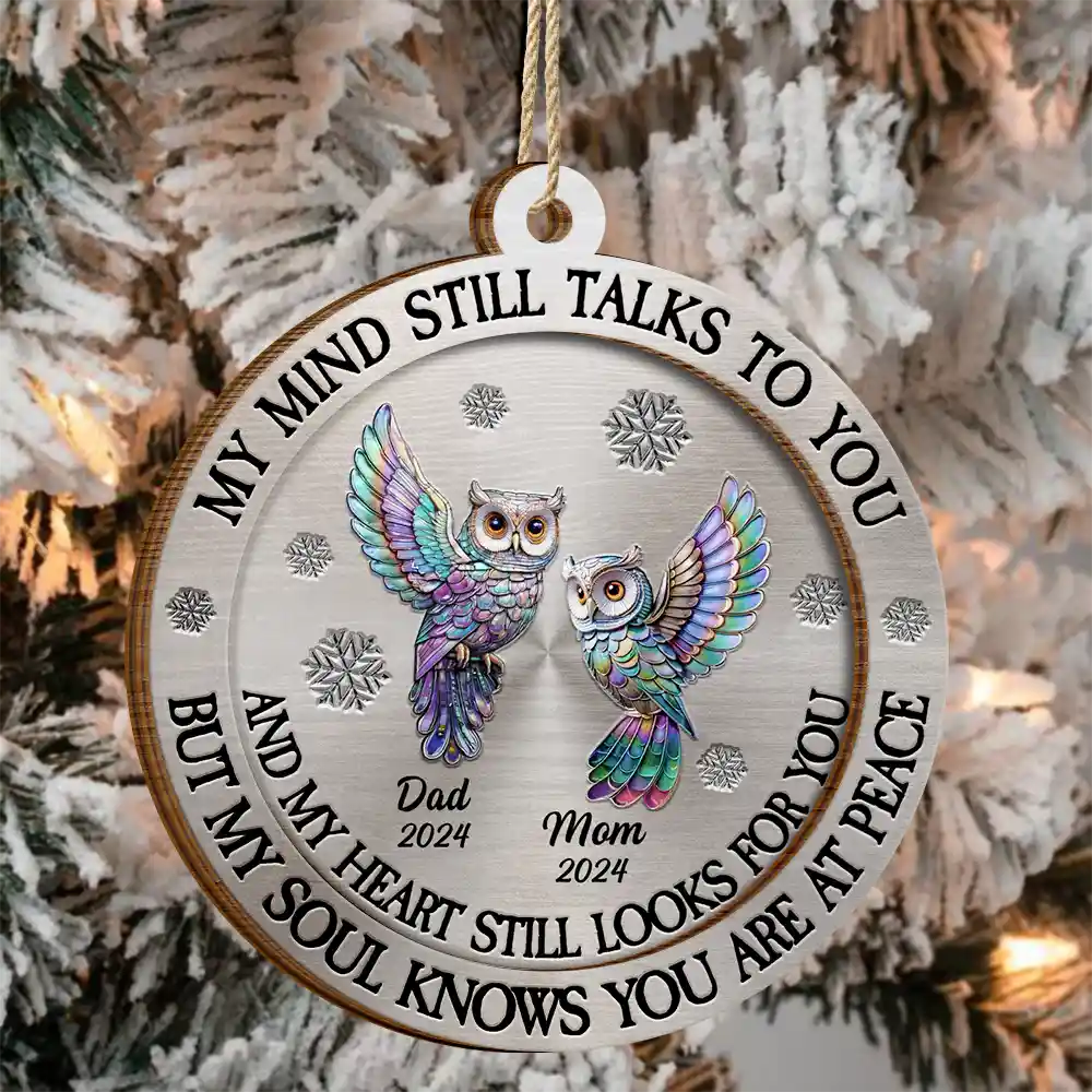 Memorial, Christmas, Family, Parents, Gift For Grandparents, Sad - Memorial My Mind Still Talks To You - Personalized 2-Layered Wooden Ornament