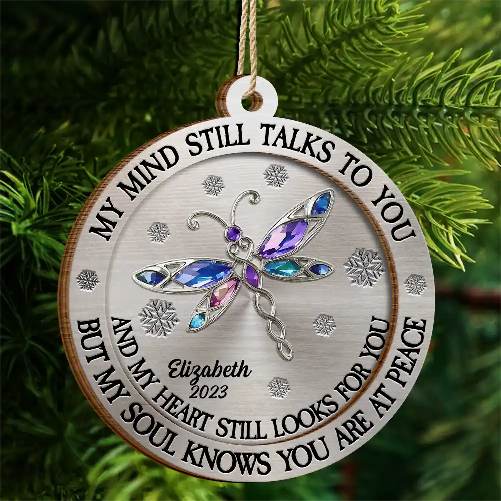 Memorial, Christmas, Family, Parents, Gift For Grandparents, Sad - Memorial My Mind Still Talks To You - Personalized 2-Layered Wooden Ornament