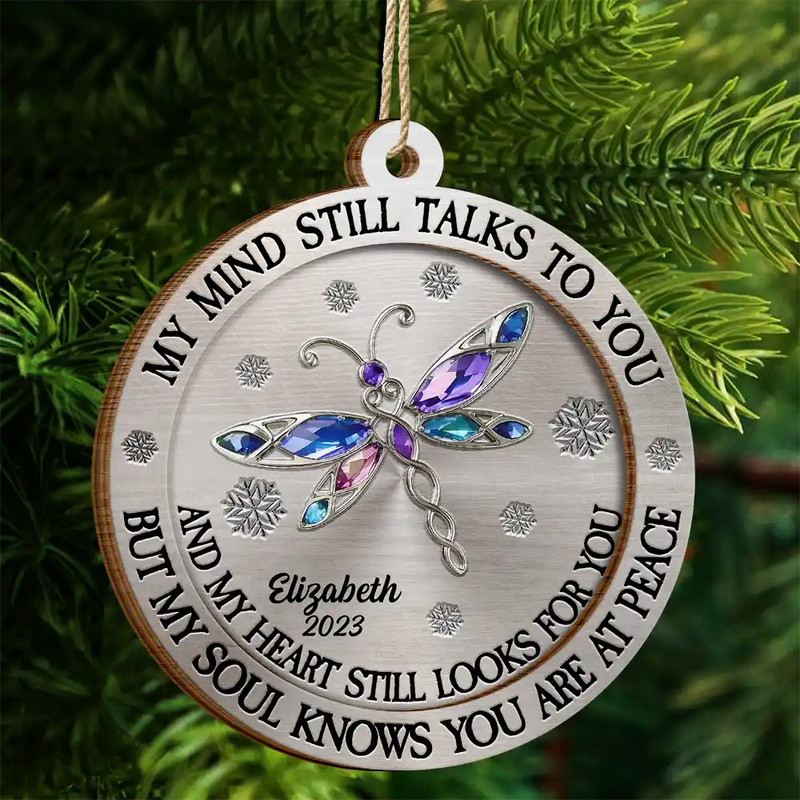 Memorial, Christmas, Family, Parents, Gift For Grandparents, Sad - Memorial My Mind Still Talks To You - Personalized 2-Layered Wooden Ornament