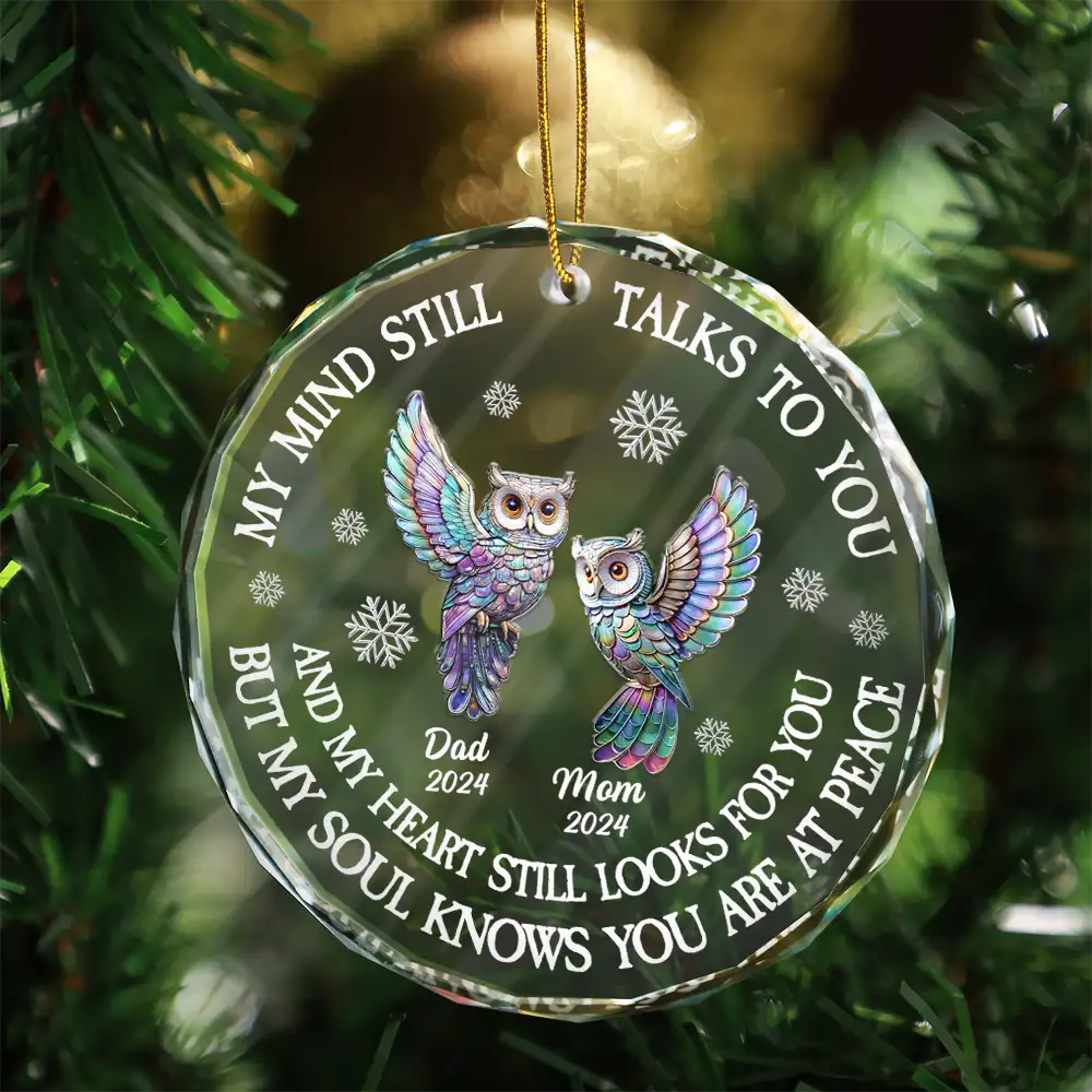 Memorial,Christmas,Family,Parents,Gift For Grandparents,Sad - Memorial My Mind Still Talks To You - Personalized Circle Glass Ornament